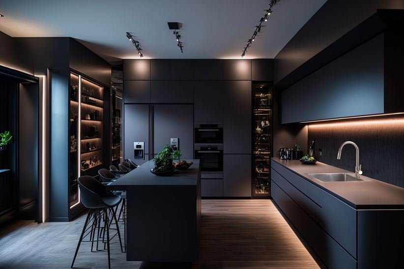Contemporary charcoal kitchen with warm lighting and a central island